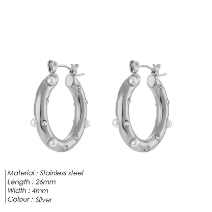 Modessie New Stainless Steel High Grade Rhinestone Earrings Vintage Faux Pearls Women's Hoop Jewelry