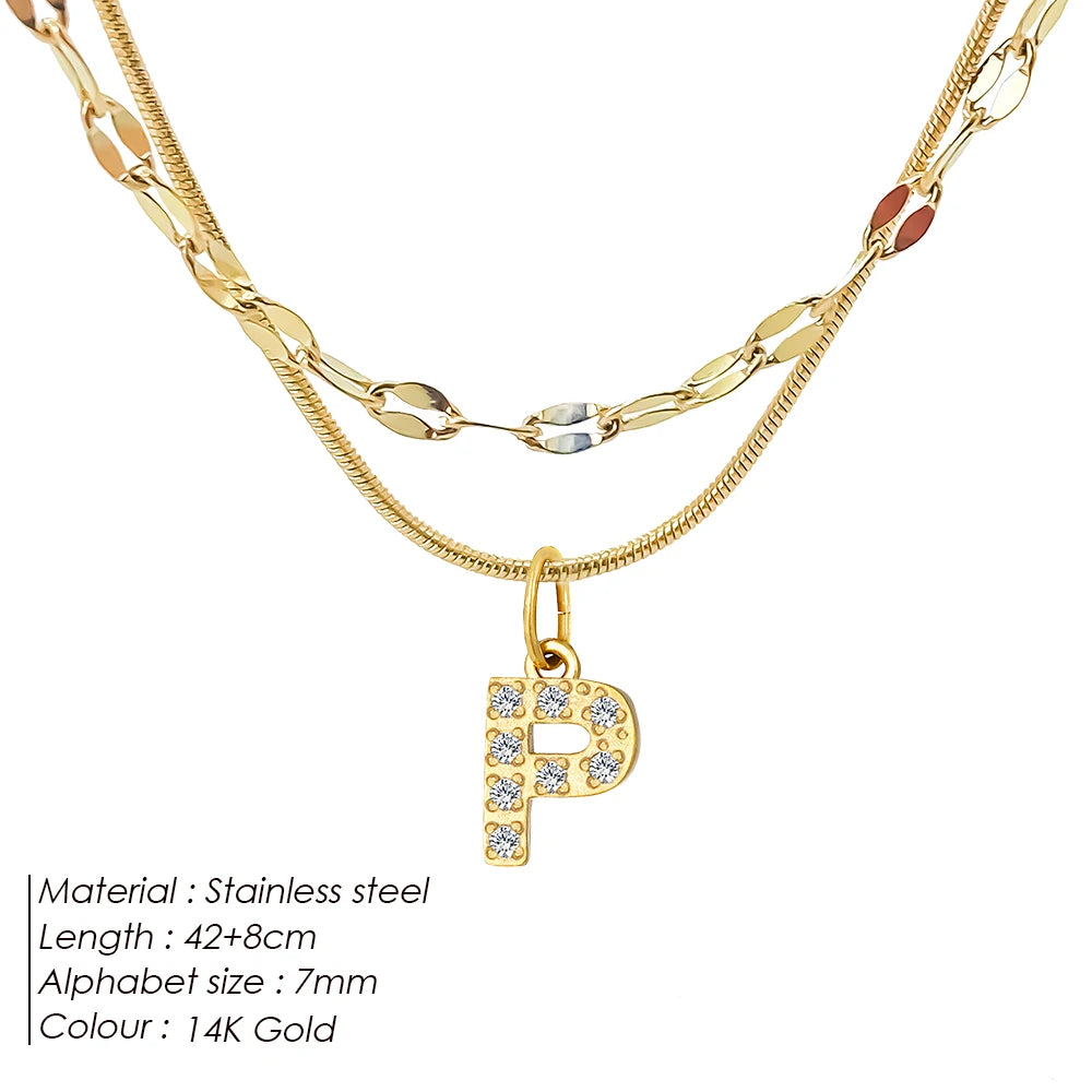 Modessie Double Stainless Steel Round Snake Chain Necklace Light Luxury Zirconia Alphabet Pendant A-Z High-end Fashion Jewelry