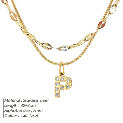 Modessie Double Stainless Steel Round Snake Chain Necklace Light Luxury Zirconia Alphabet Pendant A-Z High-end Fashion Jewelry