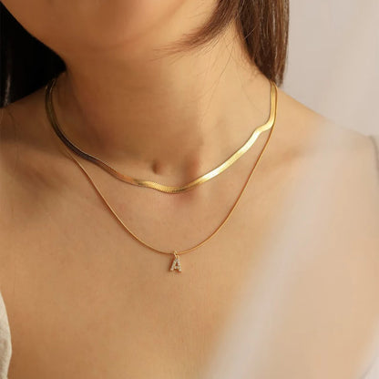 Modessie 14K Gold Plated Herringbone Snake Chain Double Zirconia Letter Pendant Necklace Stainless Steel
