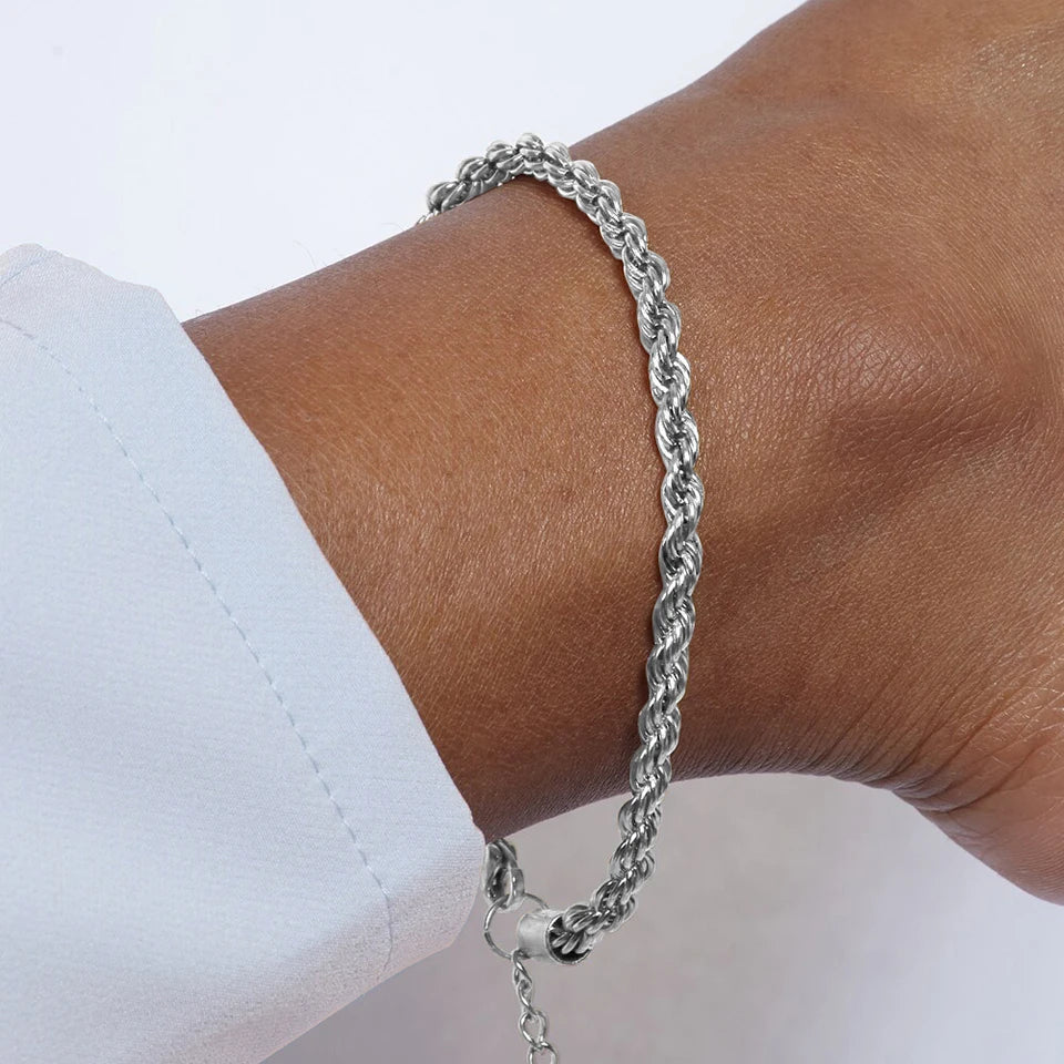 Modessie Silver Color Rope Chain Link Anklets Stainless Steel for Women Foot Accessorie Summer Beach Barefoot Sandals Bracelet