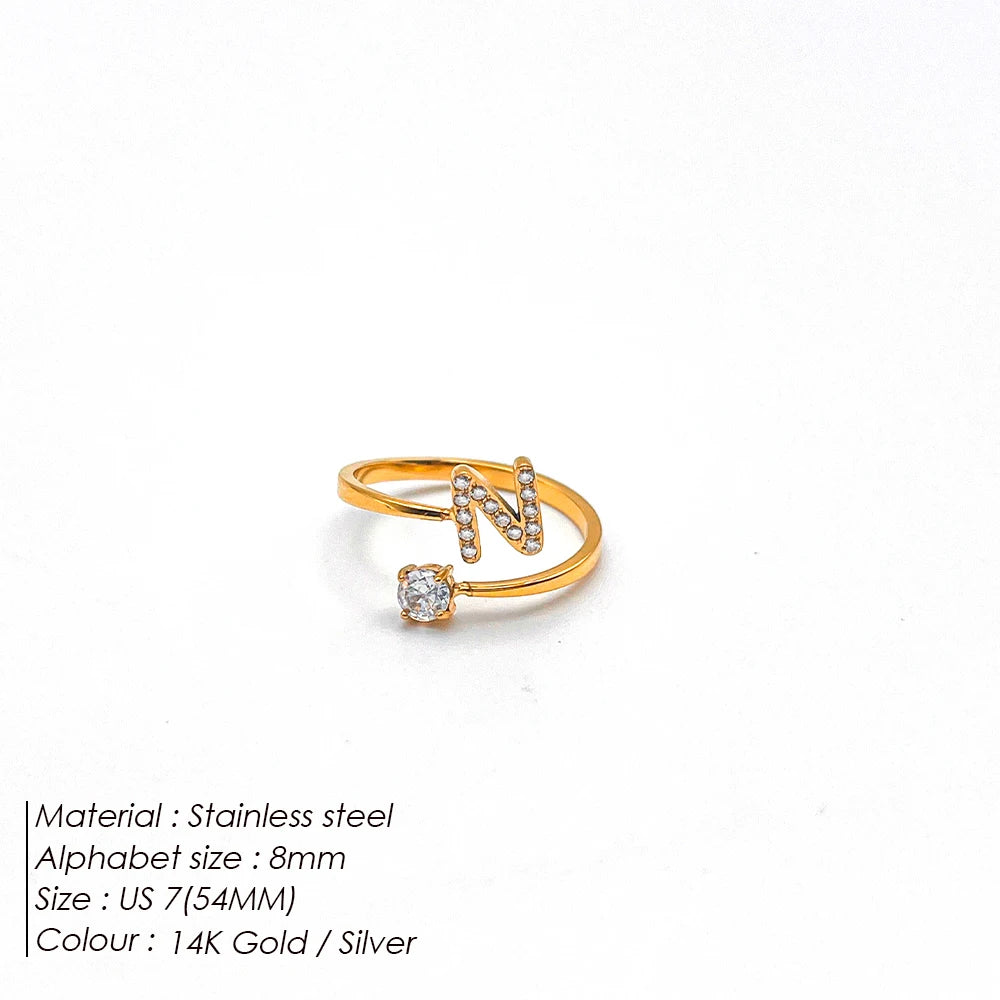 Modessie Classic Fashion Jewelry A-Z 26 Letters Ring Simple Stainless Steel Shiny Zirconia