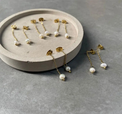 Modessie New Freshwater Pearl Dangle Earring Stainless Steel Chain Earrings