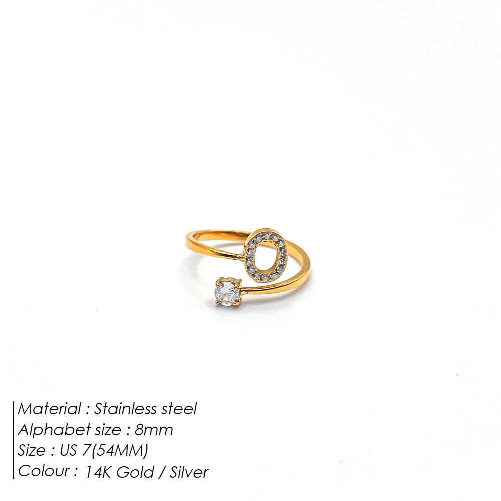 Modessie Classic Fashion Jewelry A-Z 26 Letters Ring Simple Stainless Steel Shiny Zirconia
