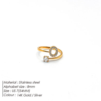 Modessie Classic Fashion Jewelry A-Z 26 Letters Ring Simple Stainless Steel Shiny Zirconia