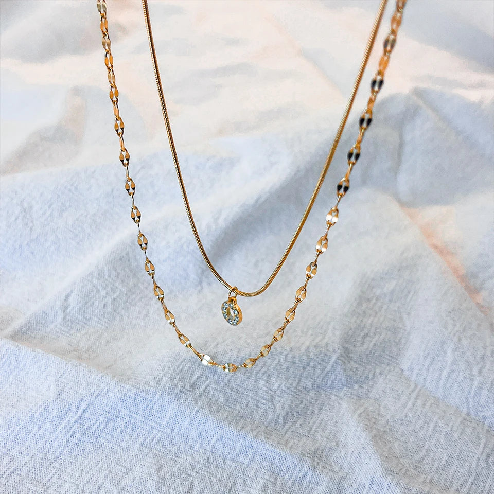 Modessie Double Stainless Steel Round Snake Chain Necklace Light Luxury Zirconia Alphabet Pendant A-Z High-end Fashion Jewelry