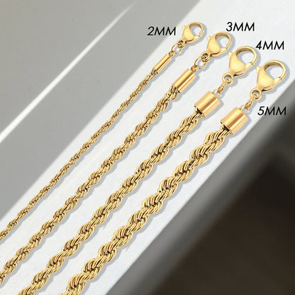 Modessie Twisted  Rope Chain Bracelet for Women  4MM Gold Color Stainless Steel Gold Color Necklace Fashion Jewelry
