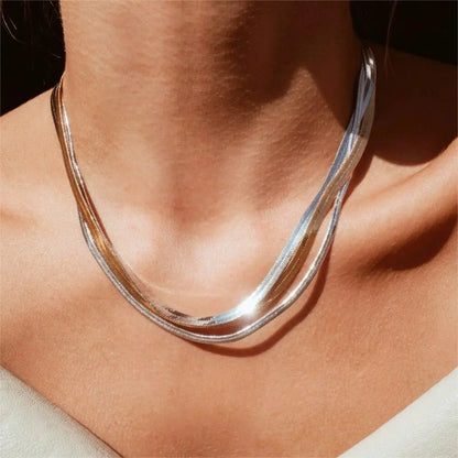 Modessie Unisex Snake Chain Necklace Silver Color Choker Stainless Steel Herringbone Chain Necklace For Women