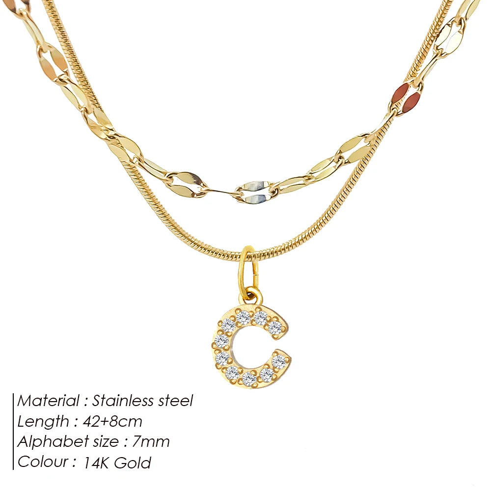 Modessie Double Stainless Steel Round Snake Chain Necklace Light Luxury Zirconia Alphabet Pendant A-Z High-end Fashion Jewelry