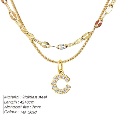 Modessie Double Stainless Steel Round Snake Chain Necklace Light Luxury Zirconia Alphabet Pendant A-Z High-end Fashion Jewelry