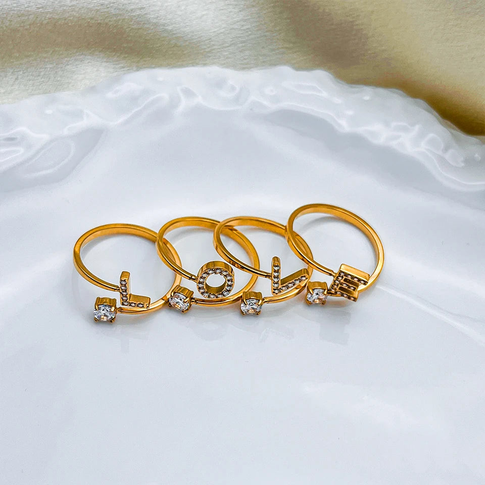 Modessie Classic Fashion Jewelry A-Z 26 Letters Ring Simple Stainless Steel Shiny Zirconia