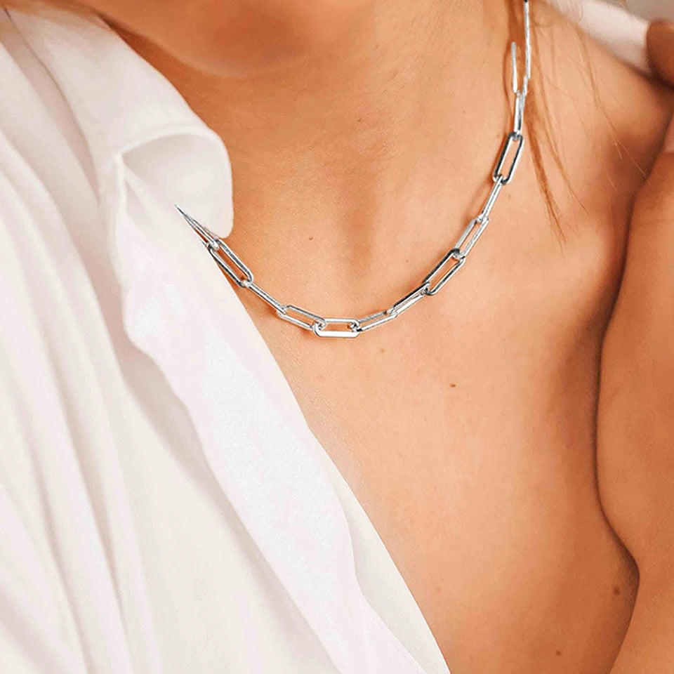Modessie Silver Color Paperclip Link Chain Women Necklace Stainless Steel  Link chain Necklace Jewelry