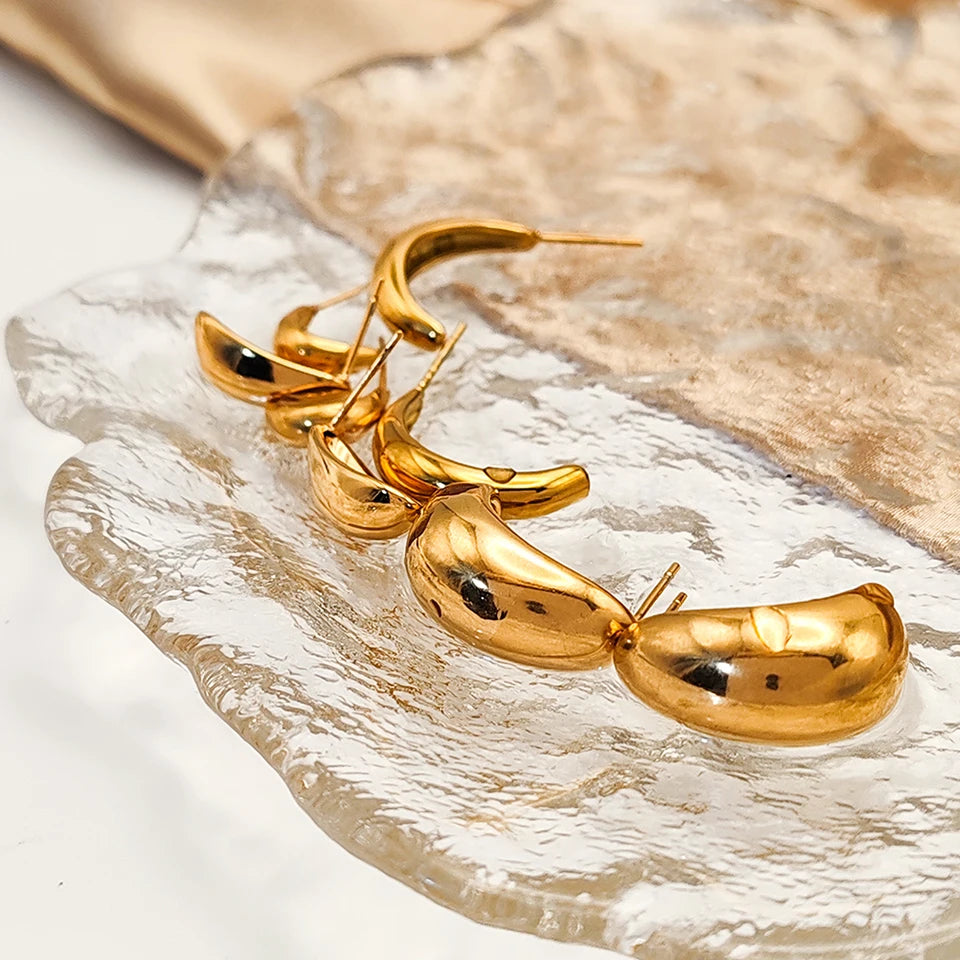 Modessie Steel color Gold color Simple Women Chunky Hoops Earrings Gift Fashion Jewelry Stainless  Round Smooth Thick Hoop