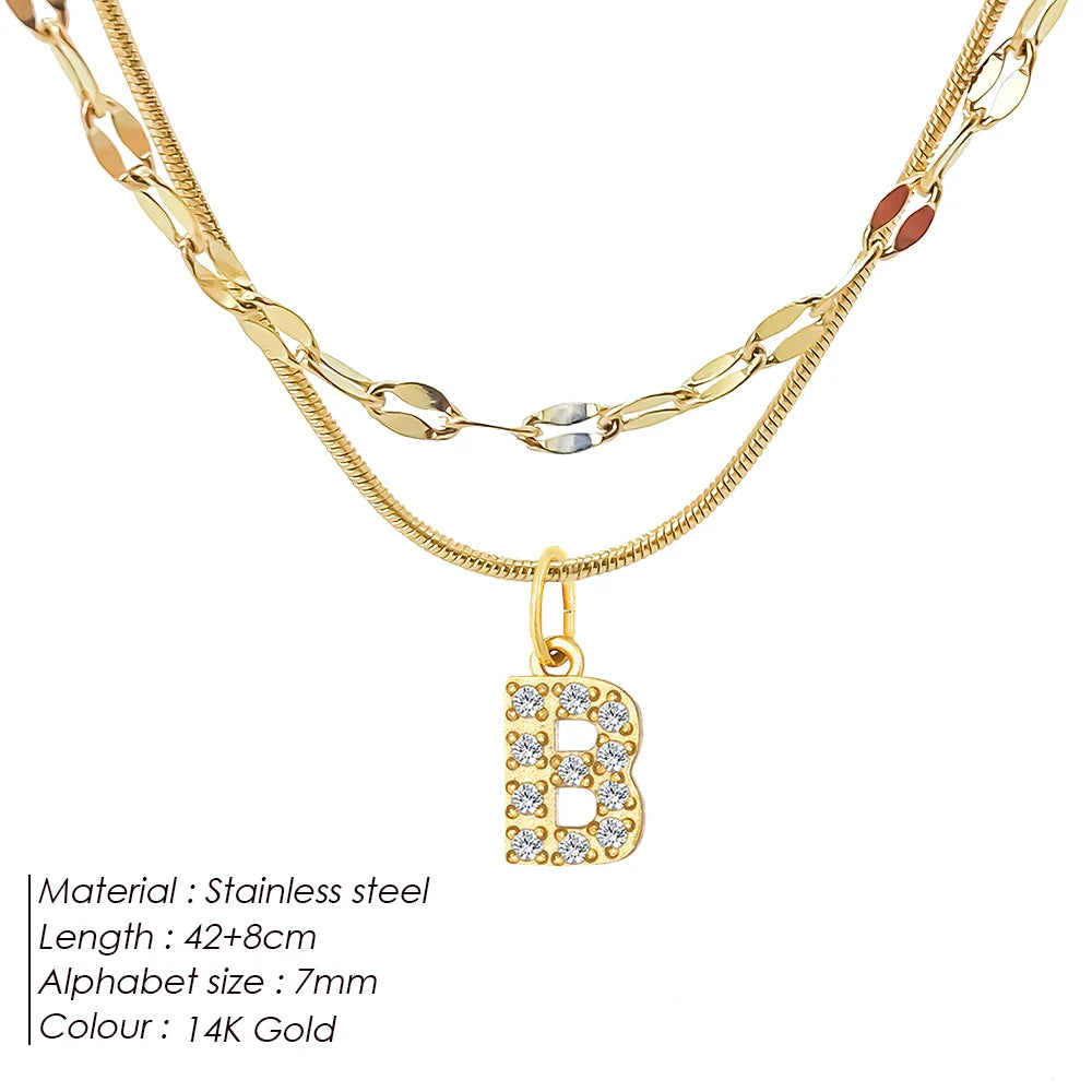 Modessie Double Stainless Steel Round Snake Chain Necklace Light Luxury Zirconia Alphabet Pendant A-Z High-end Fashion Jewelry
