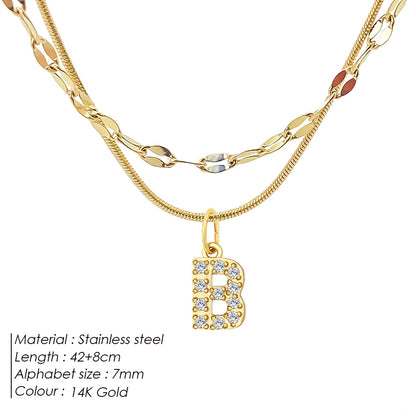 Modessie Double Stainless Steel Round Snake Chain Necklace Light Luxury Zirconia Alphabet Pendant A-Z High-end Fashion Jewelry
