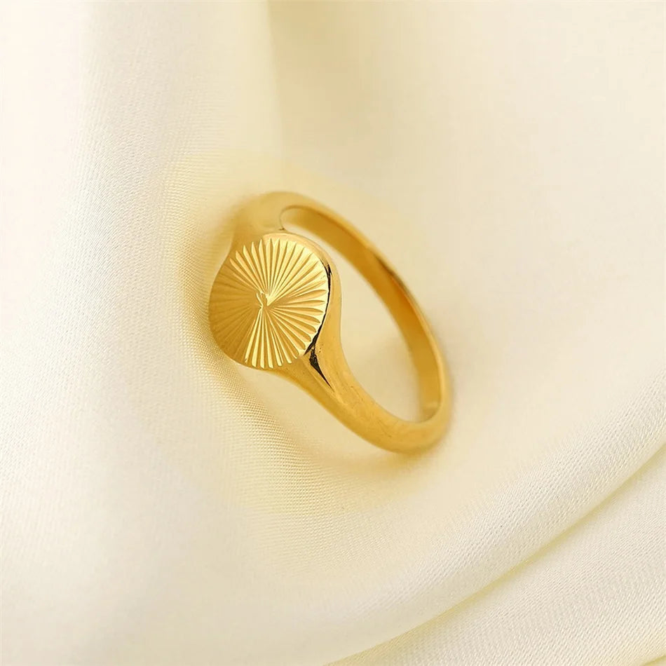 Modessie High Quality  Wave Rings For Women Minimalist Dainty Rays Texture Circle Ring Stainless Steel Signet Chunky Dome Ring