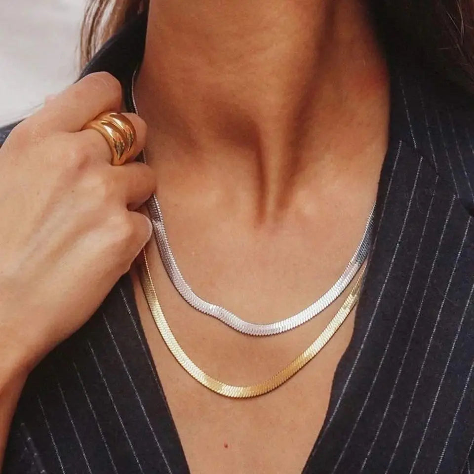 Modessie Hot Fashion Unisex Snake Chain Women Necklace Choker Stainless Steel Herringbone Gold Color Chain Necklace For Women Jewelry