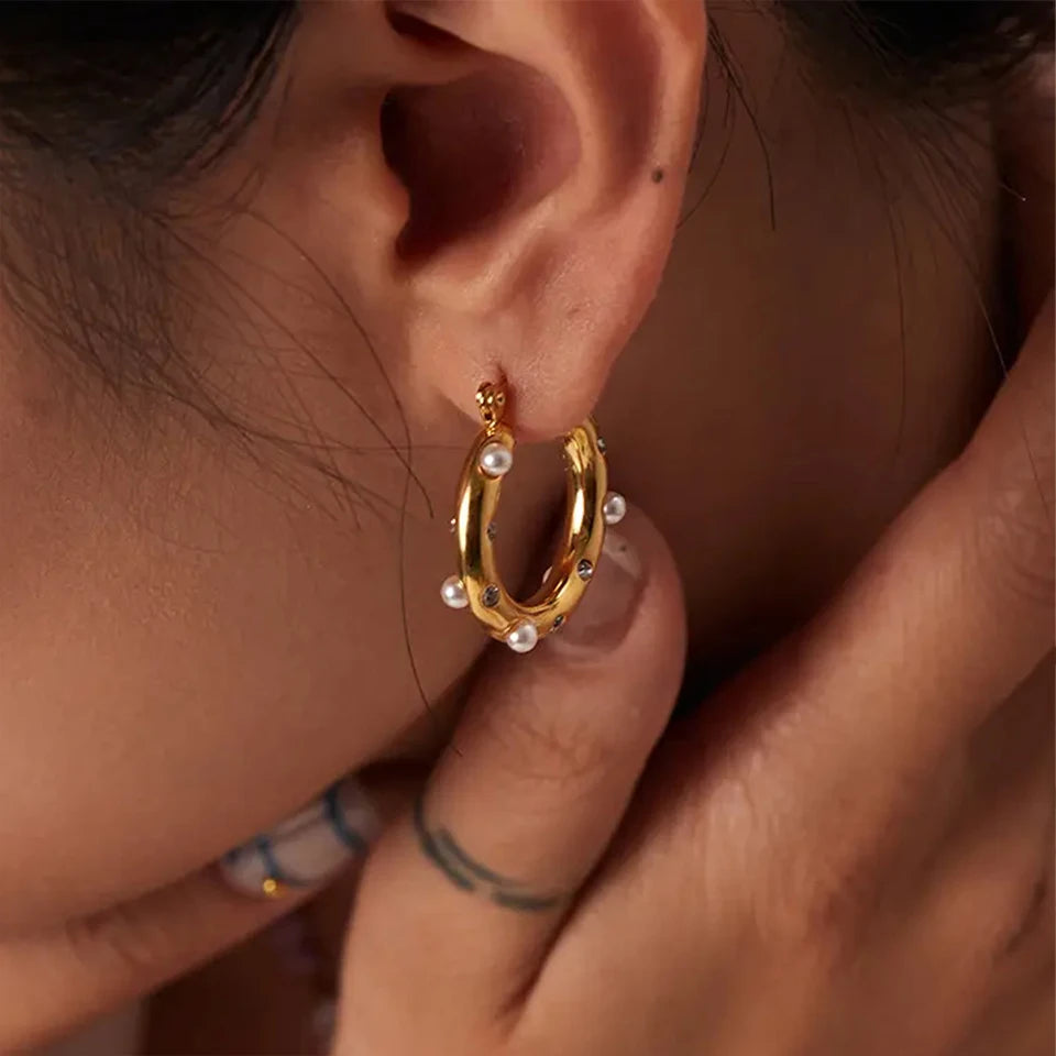 Modessie New Stainless Steel High Grade Rhinestone Earrings Vintage Faux Pearls Women's Hoop Jewelry