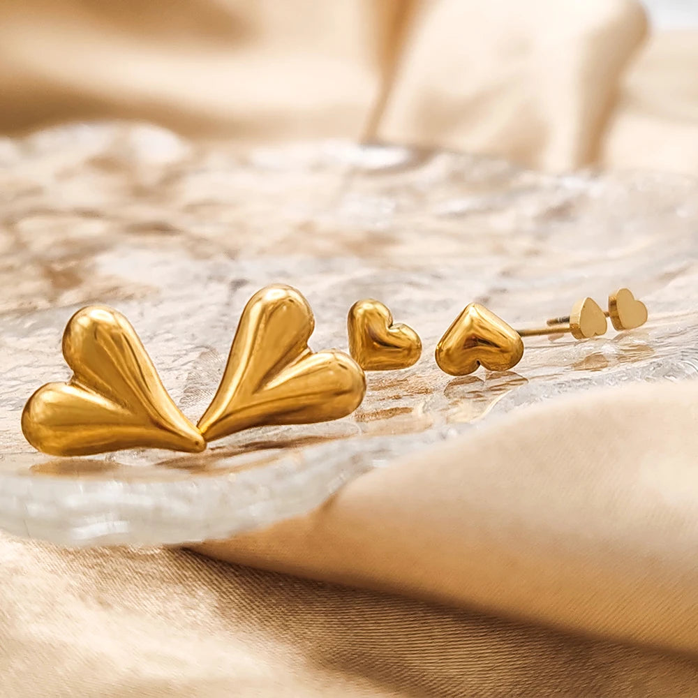 Modessie Golden Heart Earrings Set Stainless Steel Stud Piercing Earrings  Minimalist Style for Women's Jewelry