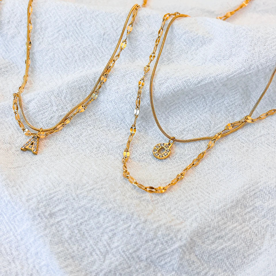 Modessie Double Stainless Steel Round Snake Chain Necklace Light Luxury Zirconia Alphabet Pendant A-Z High-end Fashion Jewelry