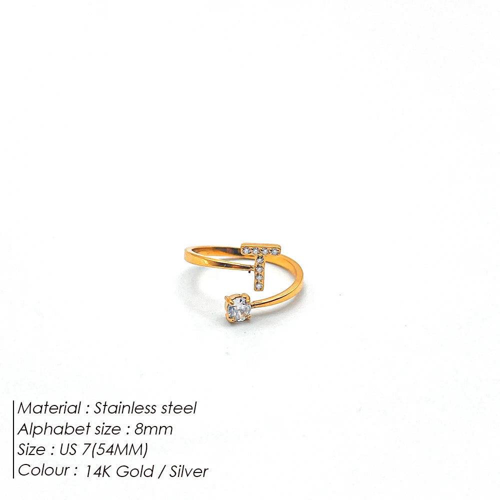 Modessie Classic Fashion Jewelry A-Z 26 Letters Ring Simple Stainless Steel Shiny Zirconia
