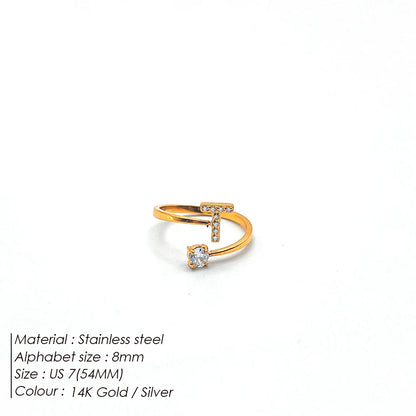 Modessie Classic Fashion Jewelry A-Z 26 Letters Ring Simple Stainless Steel Shiny Zirconia