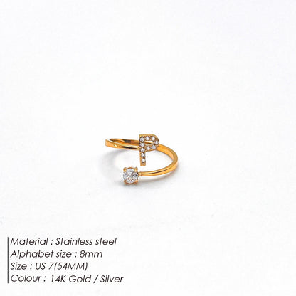 Modessie Classic Fashion Jewelry A-Z 26 Letters Ring Simple Stainless Steel Shiny Zirconia