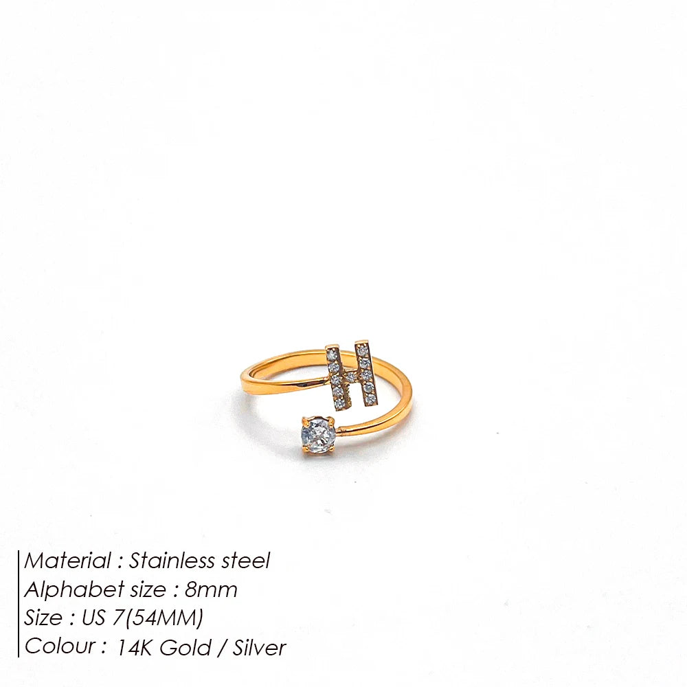 Modessie Classic Fashion Jewelry A-Z 26 Letters Ring Simple Stainless Steel Shiny Zirconia
