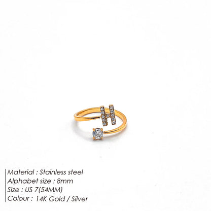Modessie Classic Fashion Jewelry A-Z 26 Letters Ring Simple Stainless Steel Shiny Zirconia