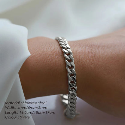 Modessie Silver Color Bracelets Men/ Women  Bracelet Classic Stainless Steel 4MM/6MM/8MM Trendy  Cuban Chain Bracelets