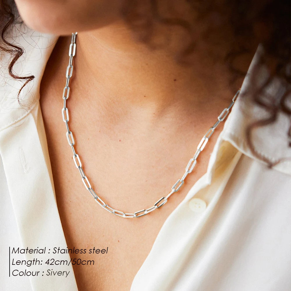 Modessie Silver Color Paperclip Link Chain Women Necklace Stainless Steel  Link chain Necklace Jewelry