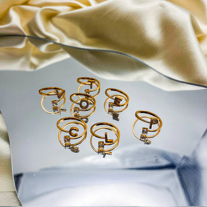 Modessie Classic Fashion Jewelry A-Z 26 Letters Ring Simple Stainless Steel Shiny Zirconia