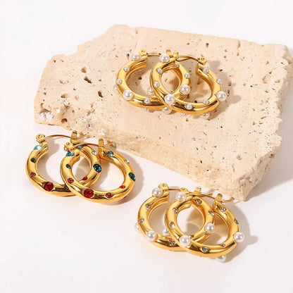 Modessie New Stainless Steel High Grade Rhinestone Earrings Vintage Faux Pearls Women's Hoop Jewelry