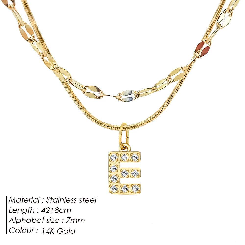 Modessie Double Stainless Steel Round Snake Chain Necklace Light Luxury Zirconia Alphabet Pendant A-Z High-end Fashion Jewelry