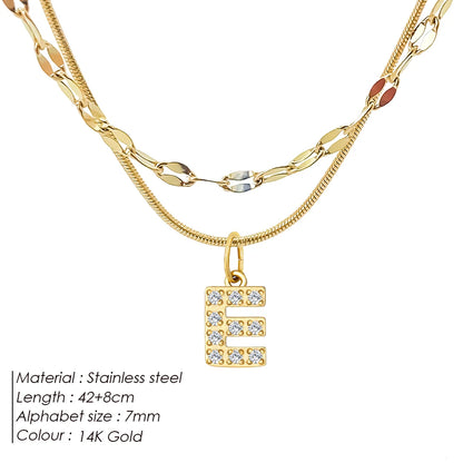 Modessie Double Stainless Steel Round Snake Chain Necklace Light Luxury Zirconia Alphabet Pendant A-Z High-end Fashion Jewelry