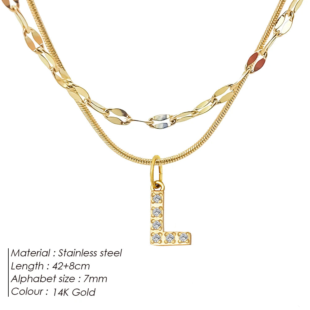 Modessie Double Stainless Steel Round Snake Chain Necklace Light Luxury Zirconia Alphabet Pendant A-Z High-end Fashion Jewelry