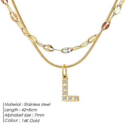 Modessie Double Stainless Steel Round Snake Chain Necklace Light Luxury Zirconia Alphabet Pendant A-Z High-end Fashion Jewelry