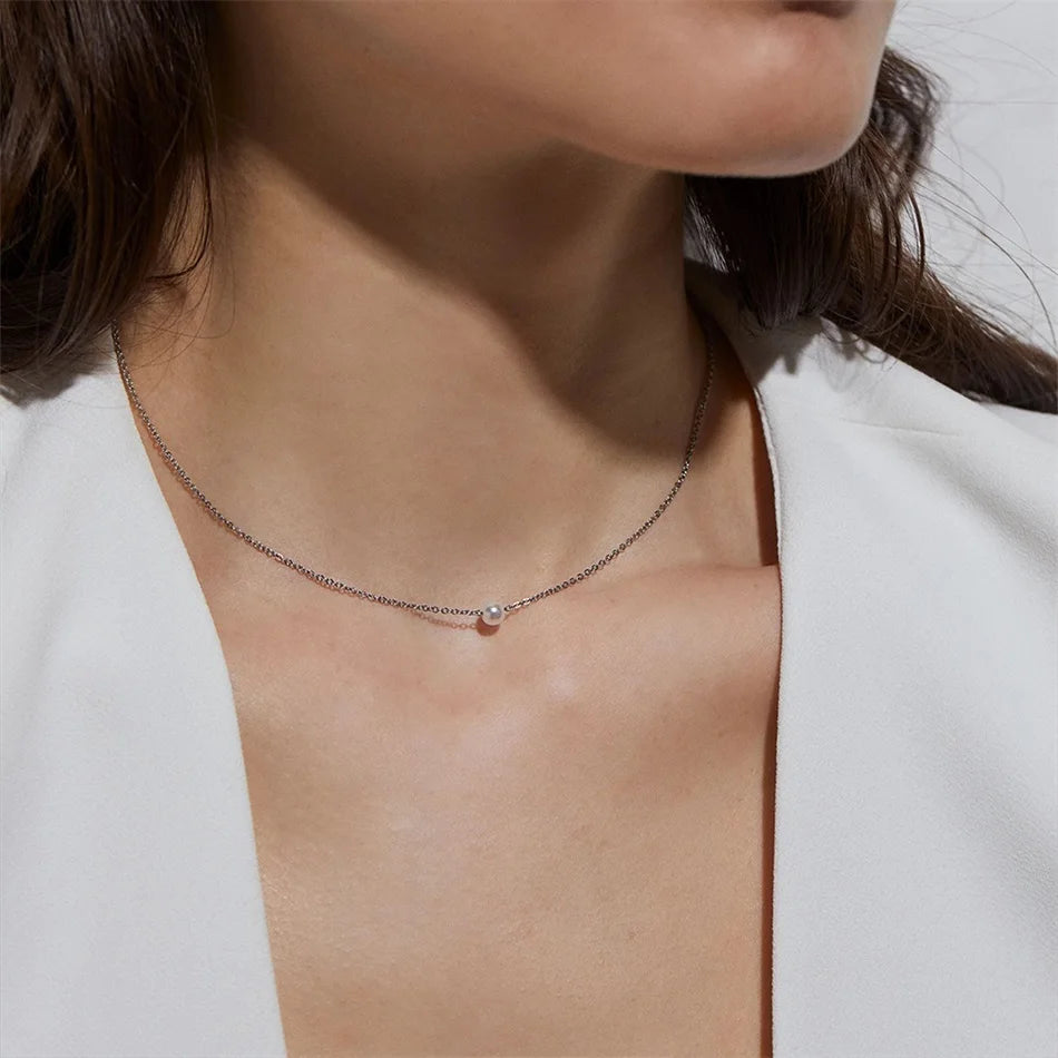Modessie 5MM Imitation pearls Pendant Necklace for Women Choker Necklace Women Stainless Steel Necklace Fashion Jewelry