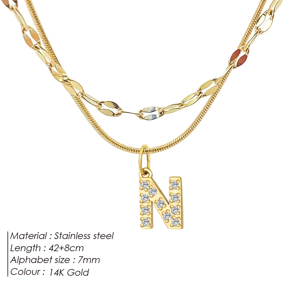 Modessie Double Stainless Steel Round Snake Chain Necklace Light Luxury Zirconia Alphabet Pendant A-Z High-end Fashion Jewelry