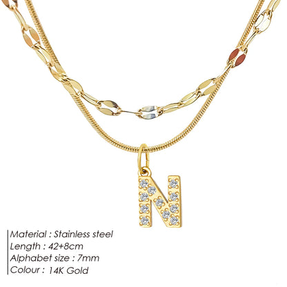 Modessie Double Stainless Steel Round Snake Chain Necklace Light Luxury Zirconia Alphabet Pendant A-Z High-end Fashion Jewelry