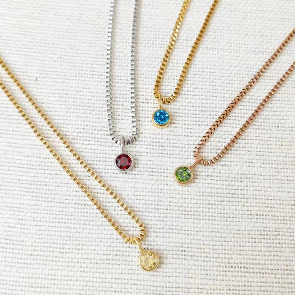 Modessie Birthstone Necklace – 12 Birth Month Colors in Zirconia –  Chain Stainless Steel Pendant Jewelry for Women