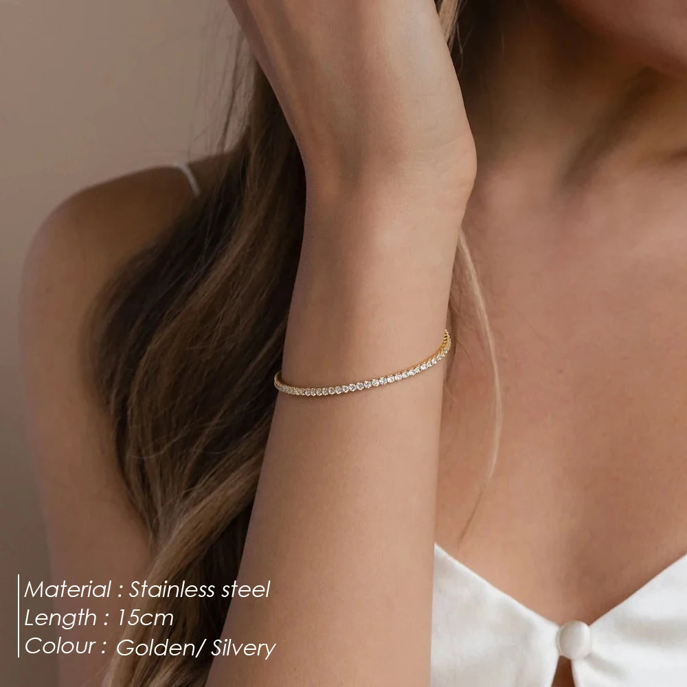 Modessie Stainless Steel Gold Plated Sparkling Bracelet High Quality White Zirconia Single Row Simple Accessory For Girls