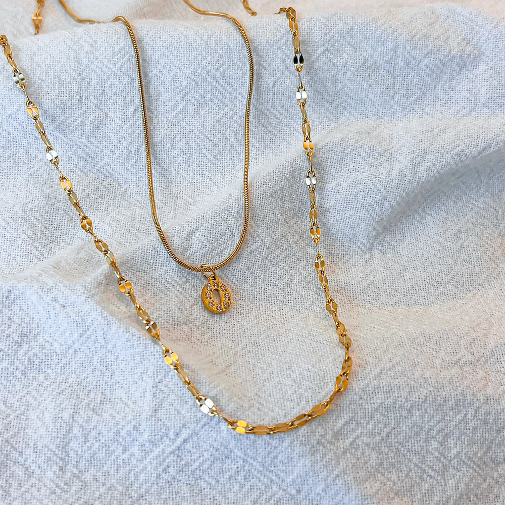 Modessie Double Stainless Steel Round Snake Chain Necklace Light Luxury Zirconia Alphabet Pendant A-Z High-end Fashion Jewelry