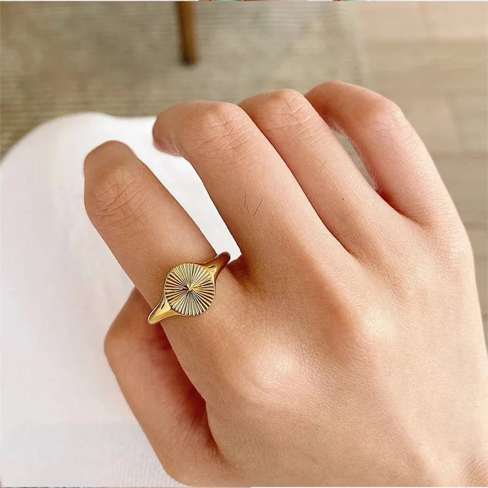 Modessie High Quality  Wave Rings For Women Minimalist Dainty Rays Texture Circle Ring Stainless Steel Signet Chunky Dome Ring