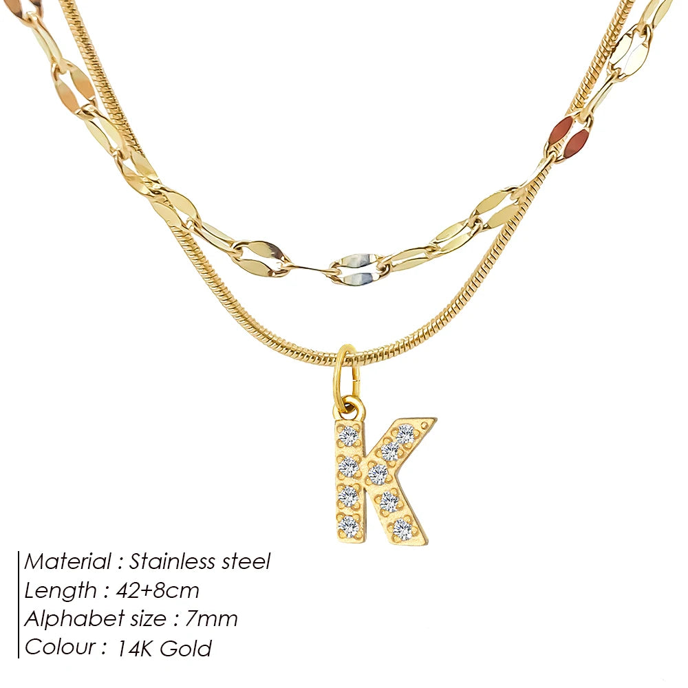 Modessie Double Stainless Steel Round Snake Chain Necklace Light Luxury Zirconia Alphabet Pendant A-Z High-end Fashion Jewelry