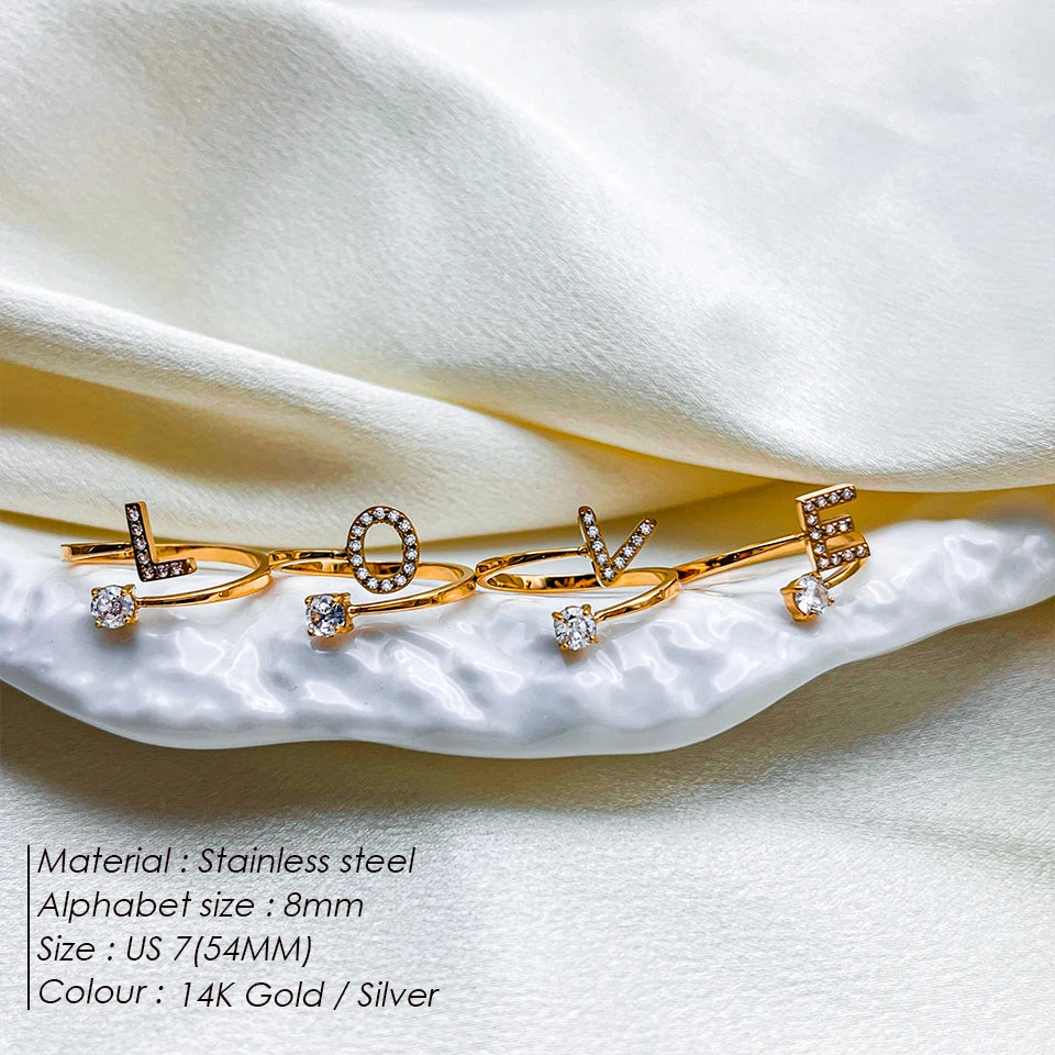 Modessie Classic Fashion Jewelry A-Z 26 Letters Ring Simple Stainless Steel Shiny Zirconia