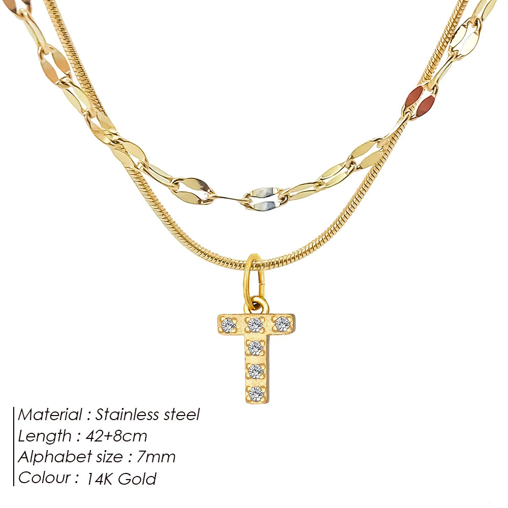 Modessie Double Stainless Steel Round Snake Chain Necklace Light Luxury Zirconia Alphabet Pendant A-Z High-end Fashion Jewelry