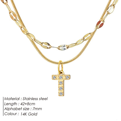 Modessie Double Stainless Steel Round Snake Chain Necklace Light Luxury Zirconia Alphabet Pendant A-Z High-end Fashion Jewelry
