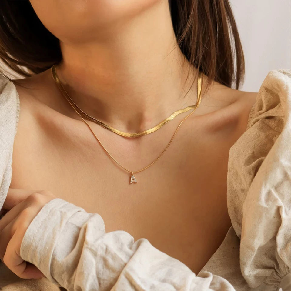 Modessie 14K Gold Plated Herringbone Snake Chain Double Zirconia Letter Pendant Necklace Stainless Steel