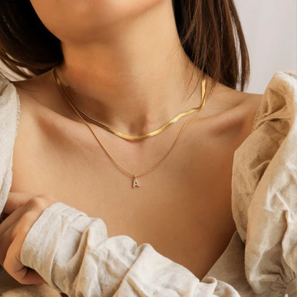 Modessie 14K Gold Plated Herringbone Snake Chain Double Zirconia Letter Pendant Necklace Stainless Steel
